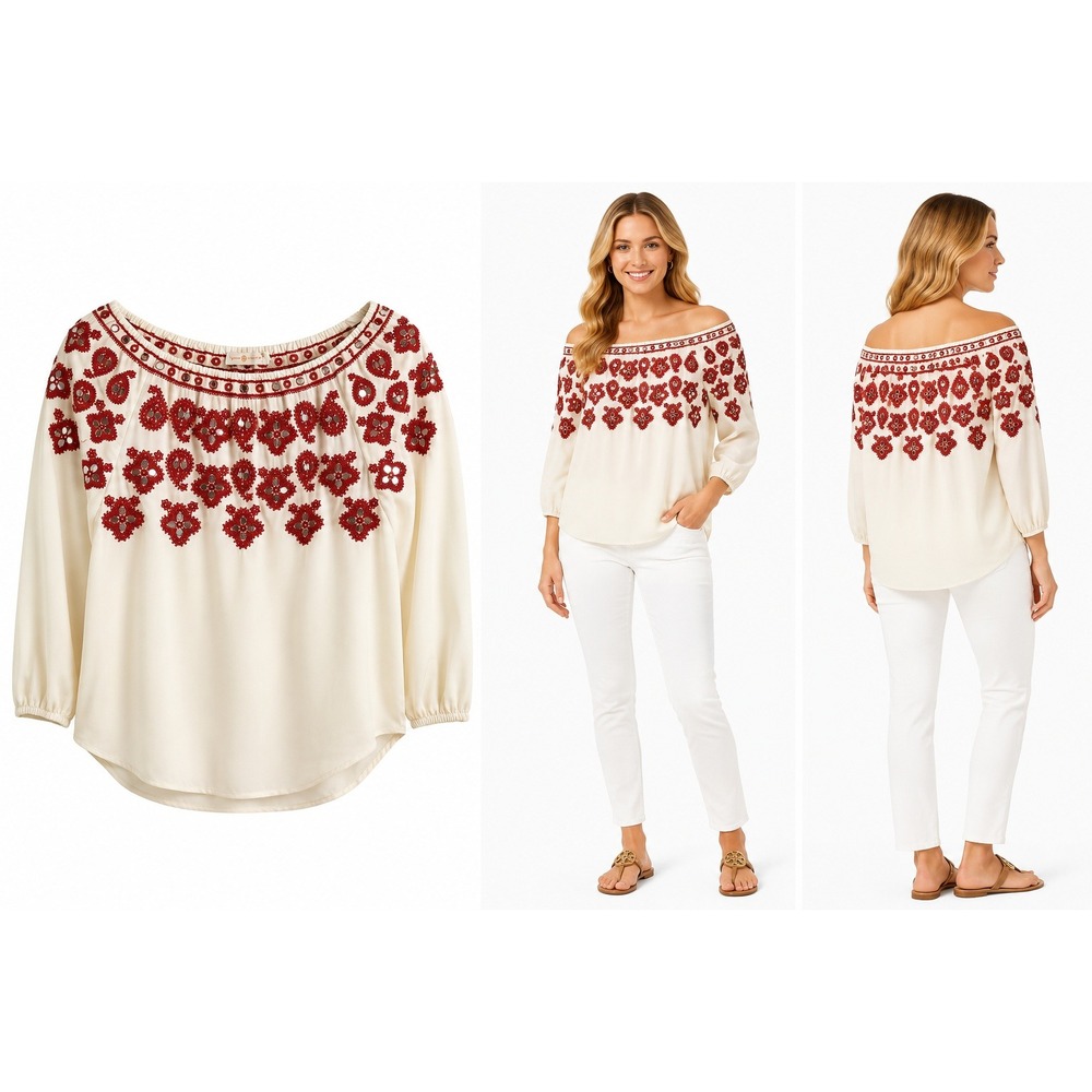 Tory Burch Leyla Top 0 Ivory Silk Red Embroidered Sequin Off Shoulder Boho